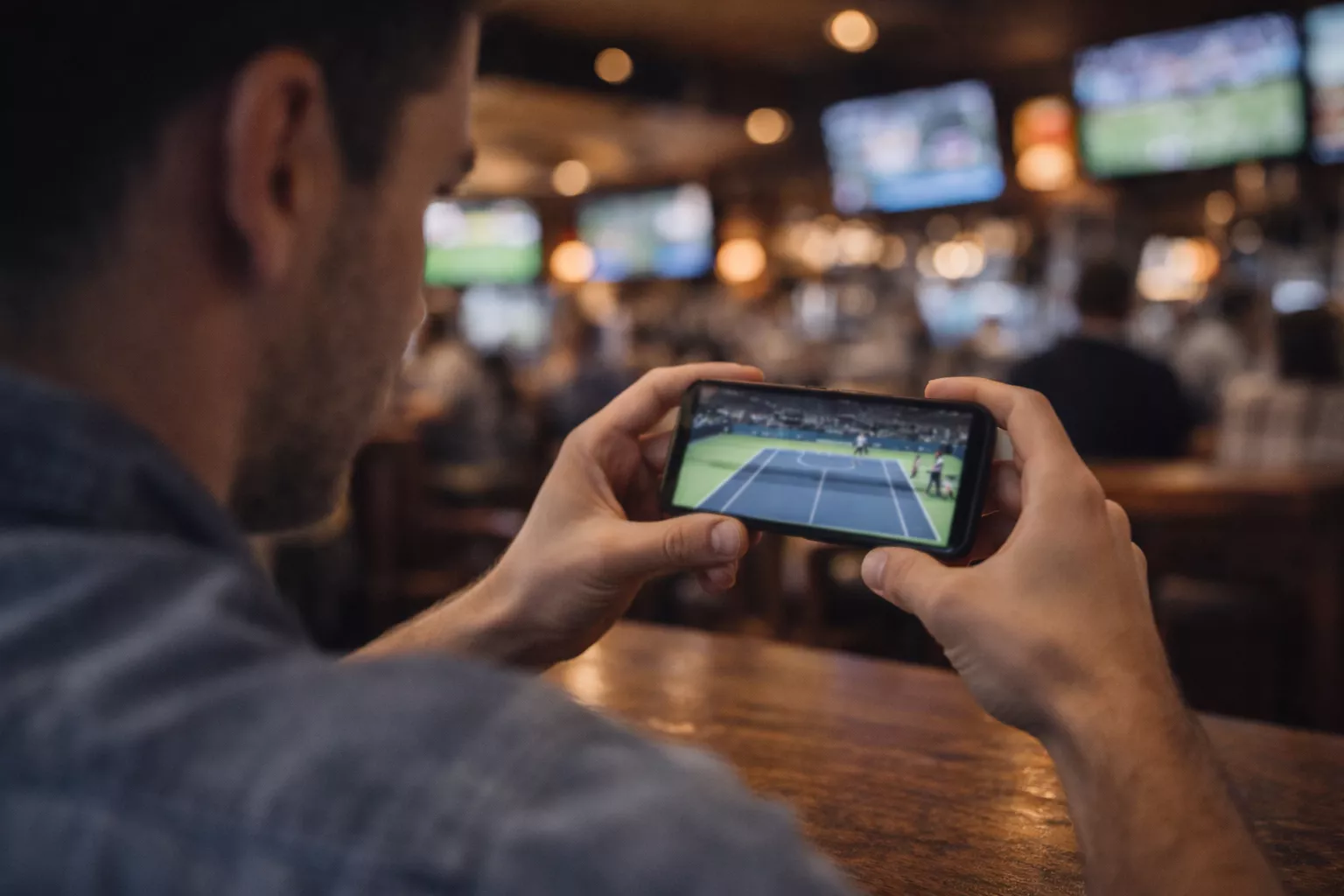 Aficionado siguiendo un partido de tenis en directo desde su smartphone