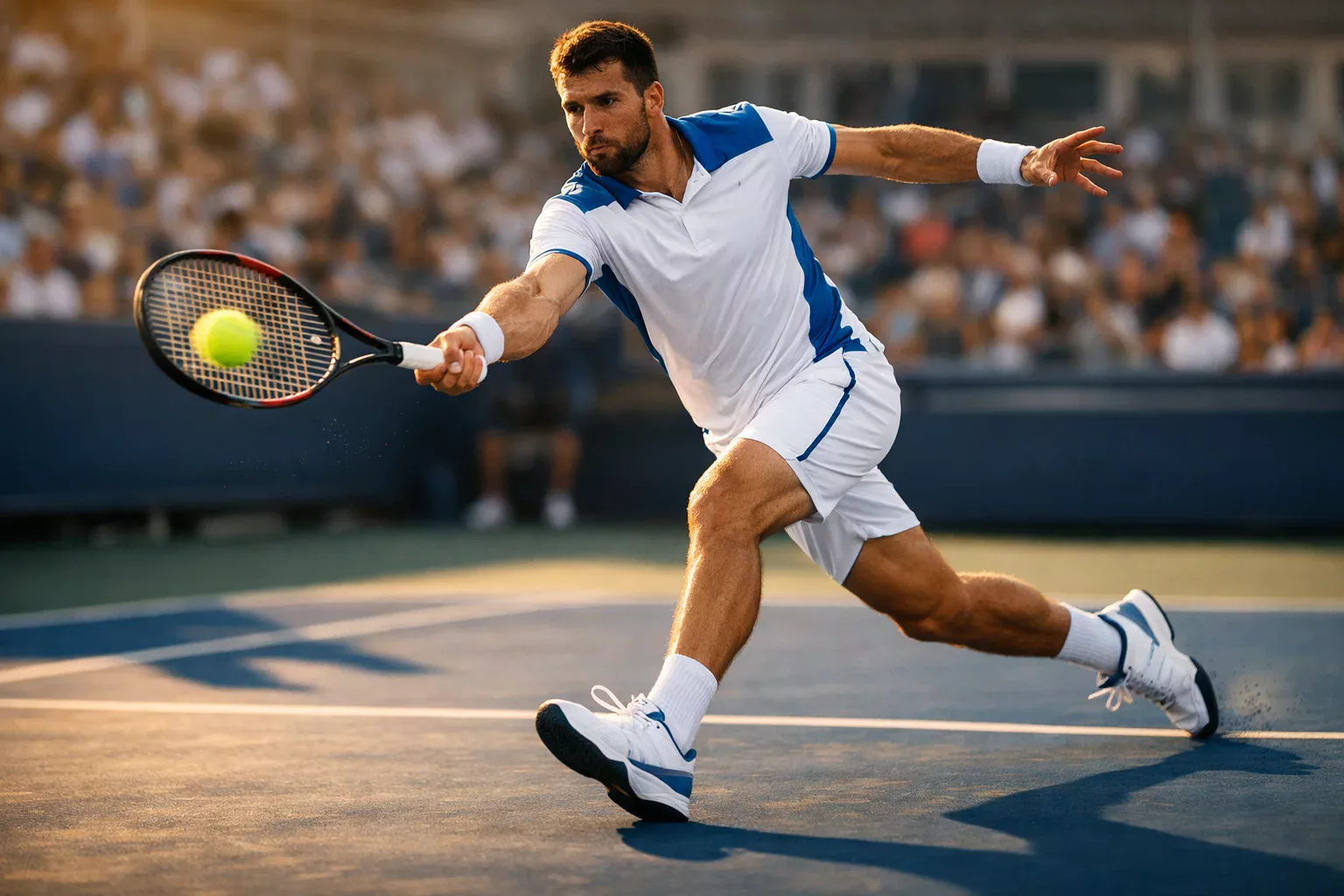 Tenista profesional golpeando la pelota en pista de tenis