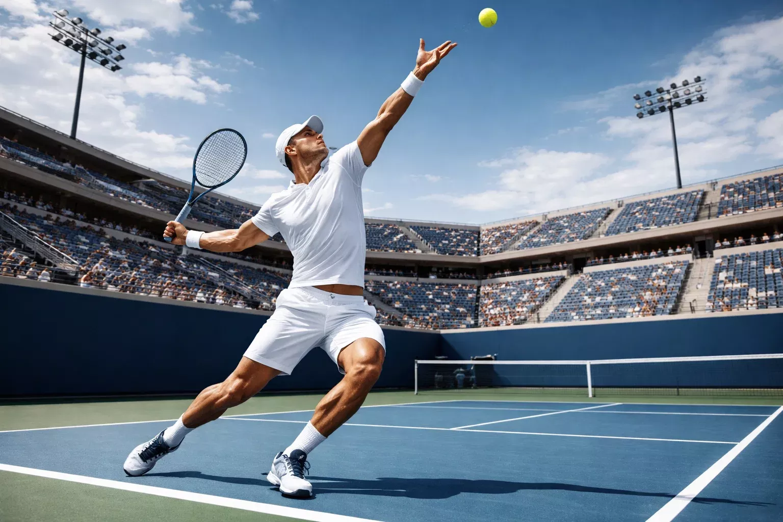 Jugador de tenis sirviendo en un partido profesional