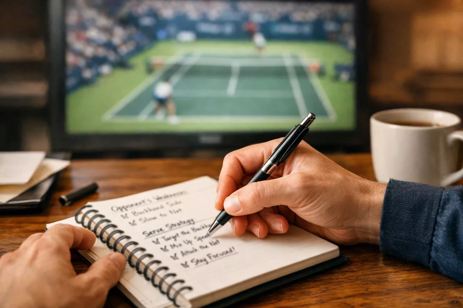 Persona tomando notas mientras analiza un partido de tenis