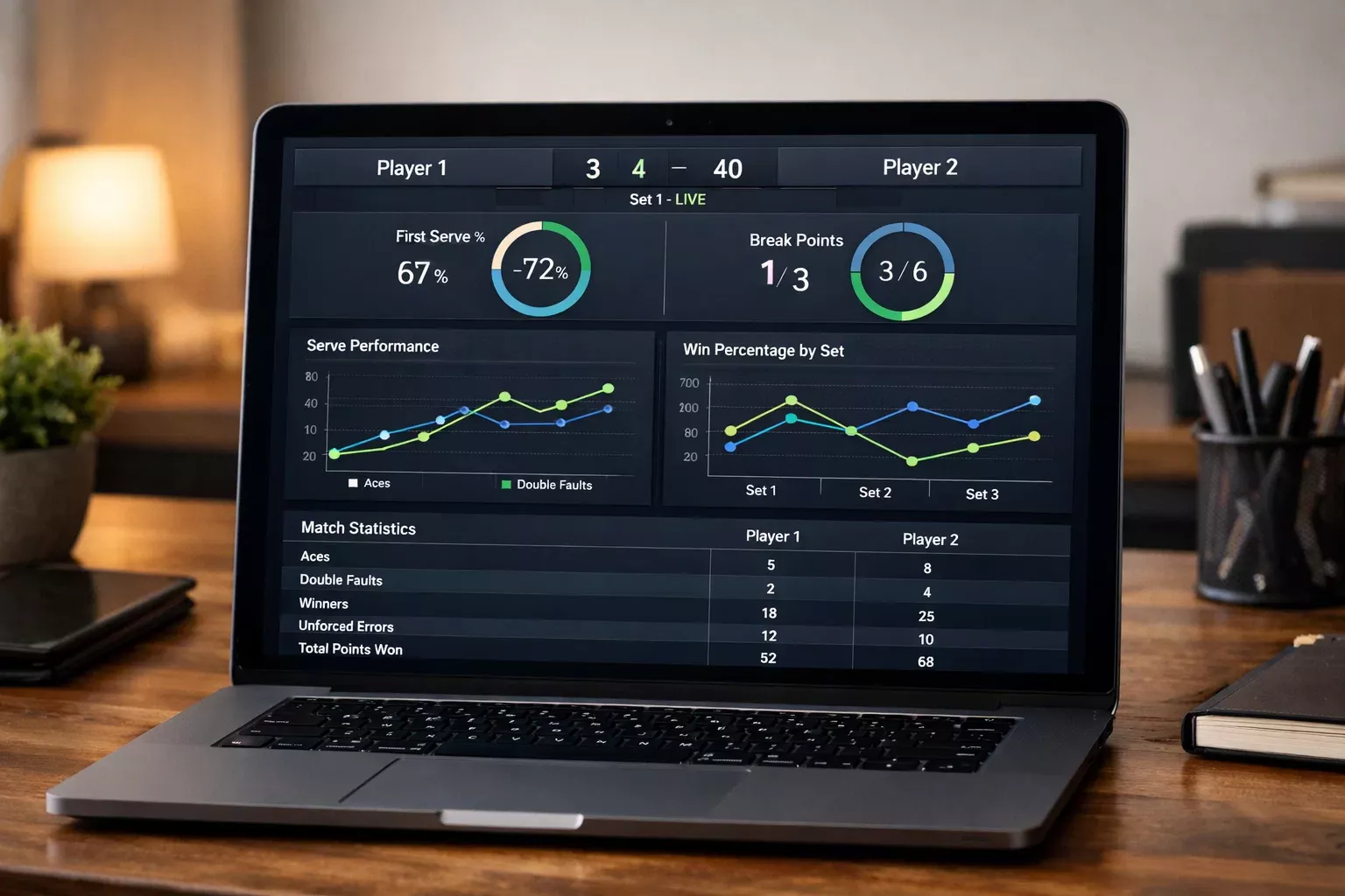 Pantalla mostrando estadísticas de un partido de tenis en tiempo real