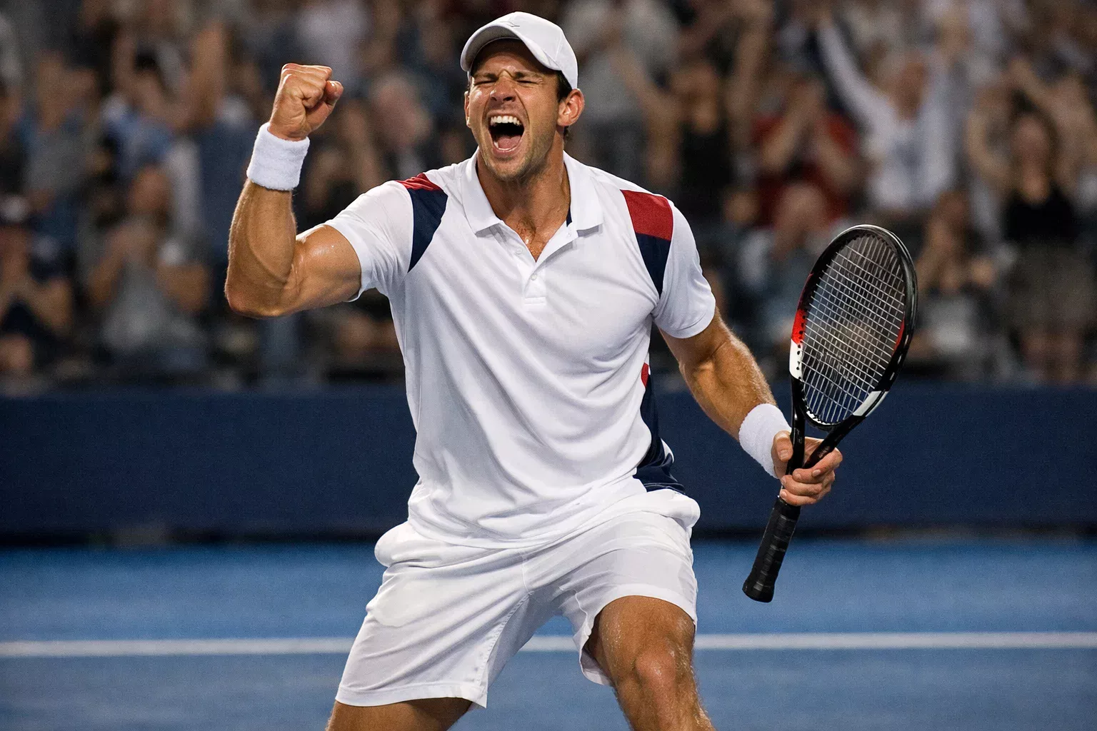 Tenista celebrando después de ganar un juego importante