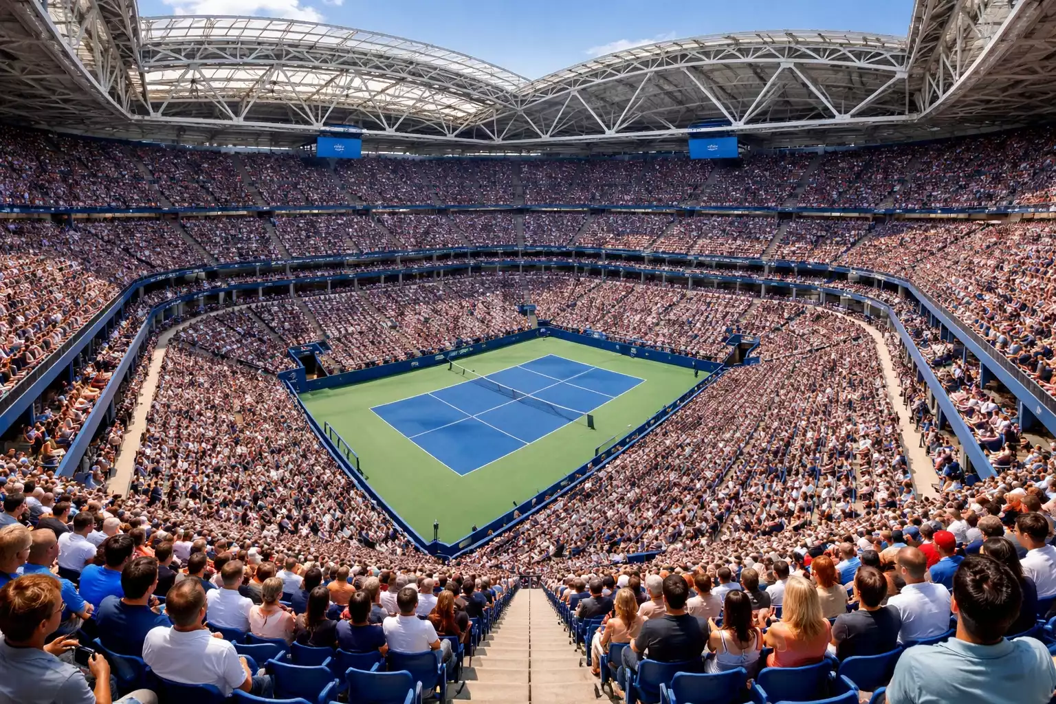 Vista panorámica de una pista central de Grand Slam llena de espectadores