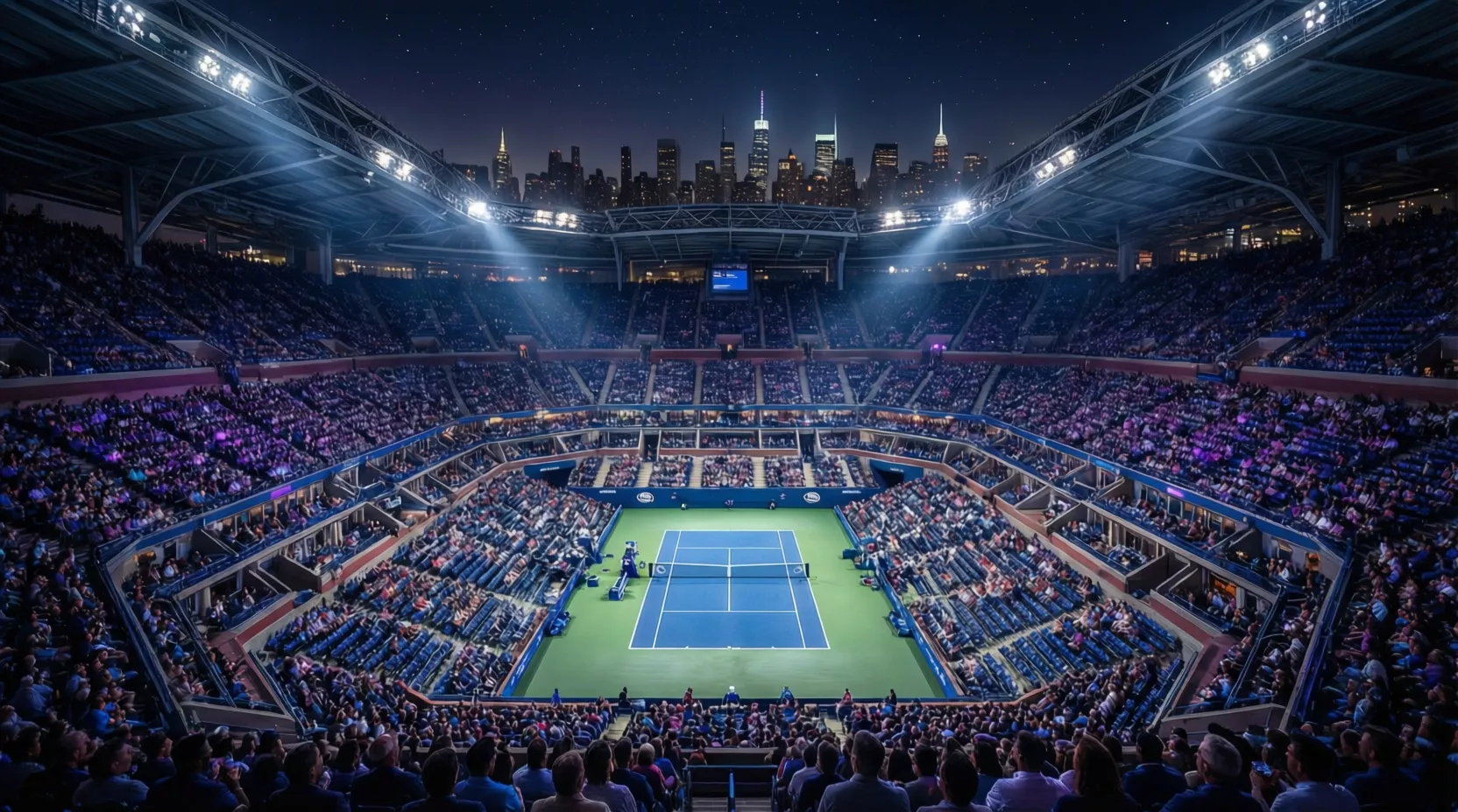 Estadio Arthur Ashe del US Open iluminado de noche