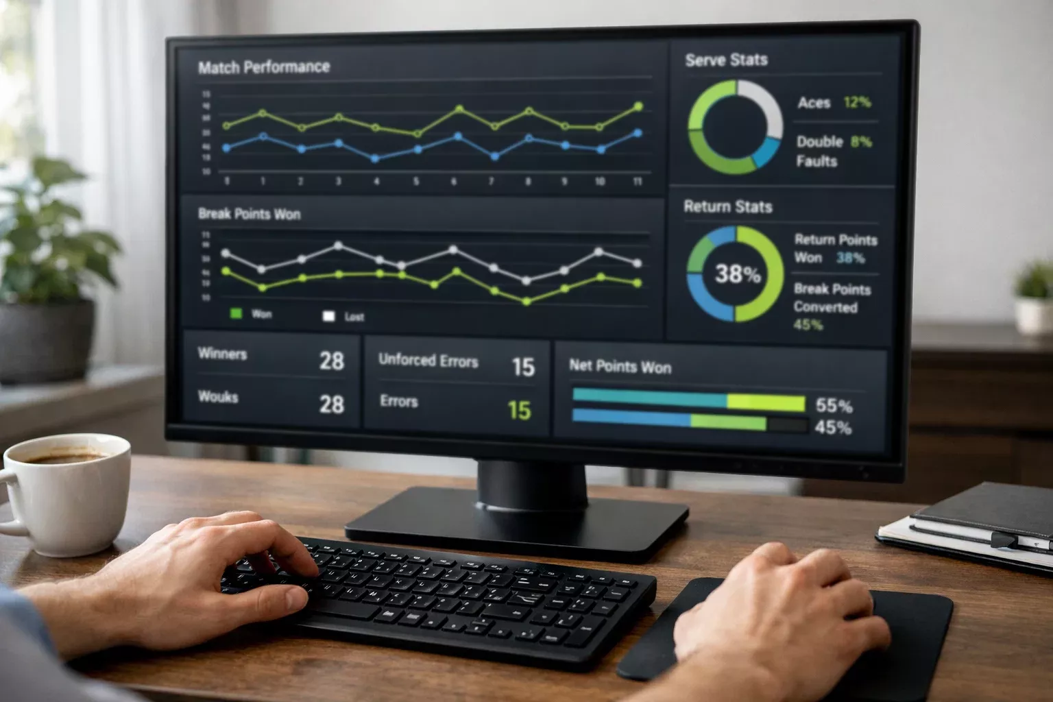 Persona analizando estadísticas de tenis en una pantalla de ordenador