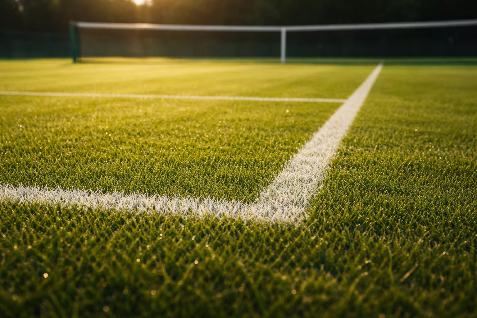 Pista de hierba de tenis con líneas blancas y césped verde perfecto