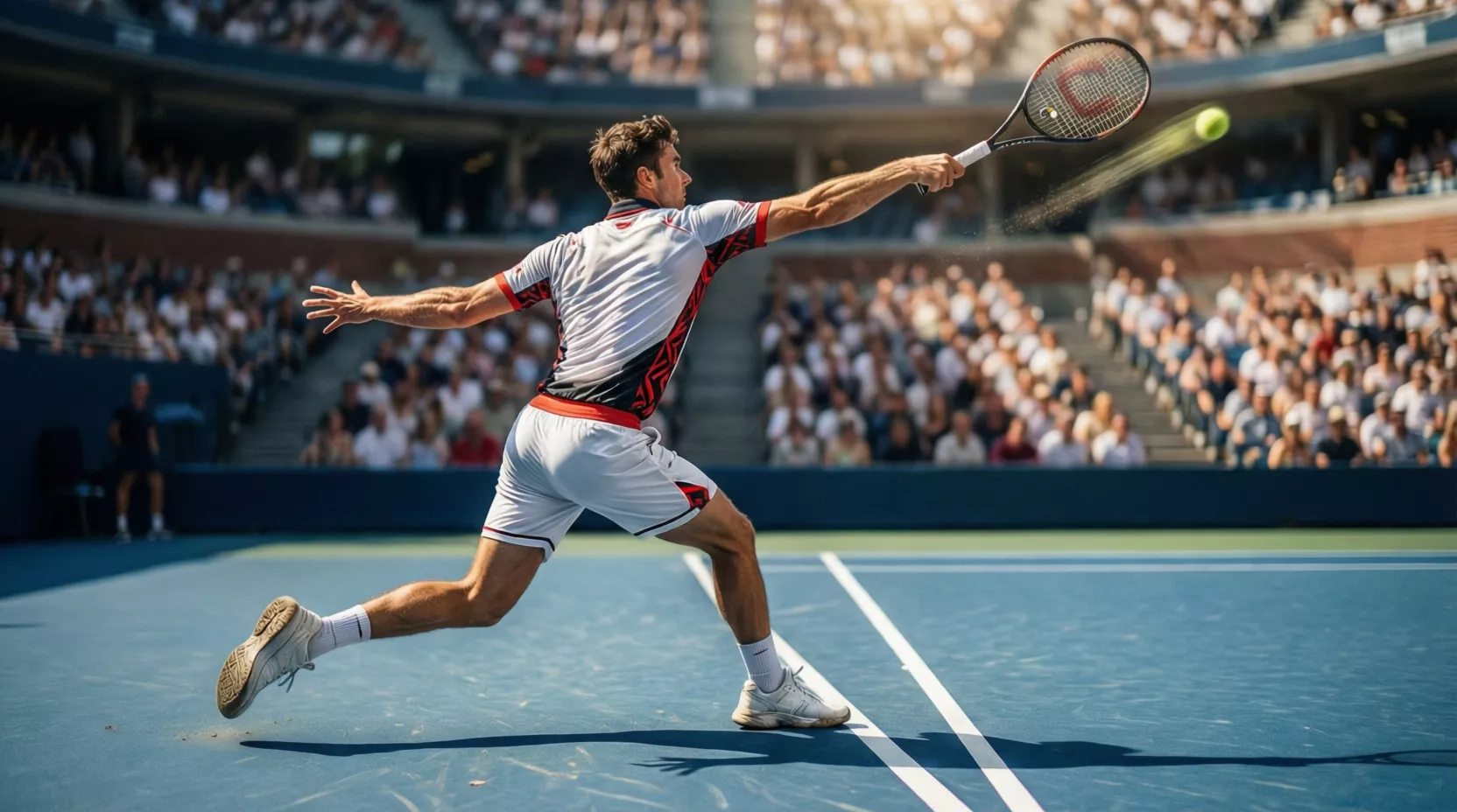 Tenista sirviendo en una pista dura azul profesional