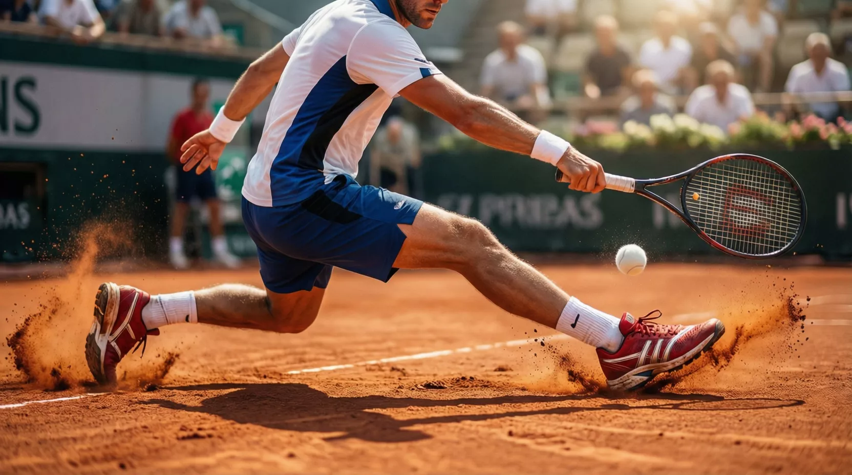 Tenista deslizándose sobre tierra batida naranja para alcanzar la pelota