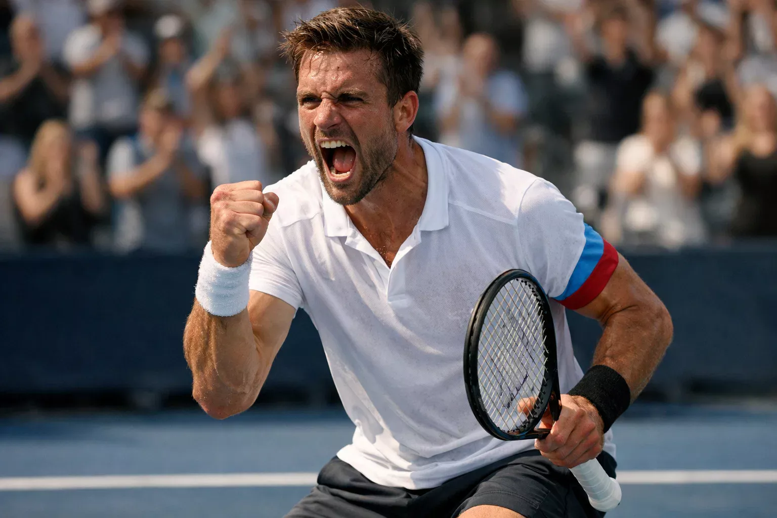 Tenista celebrando con el puño cerrado tras ganar un punto importante