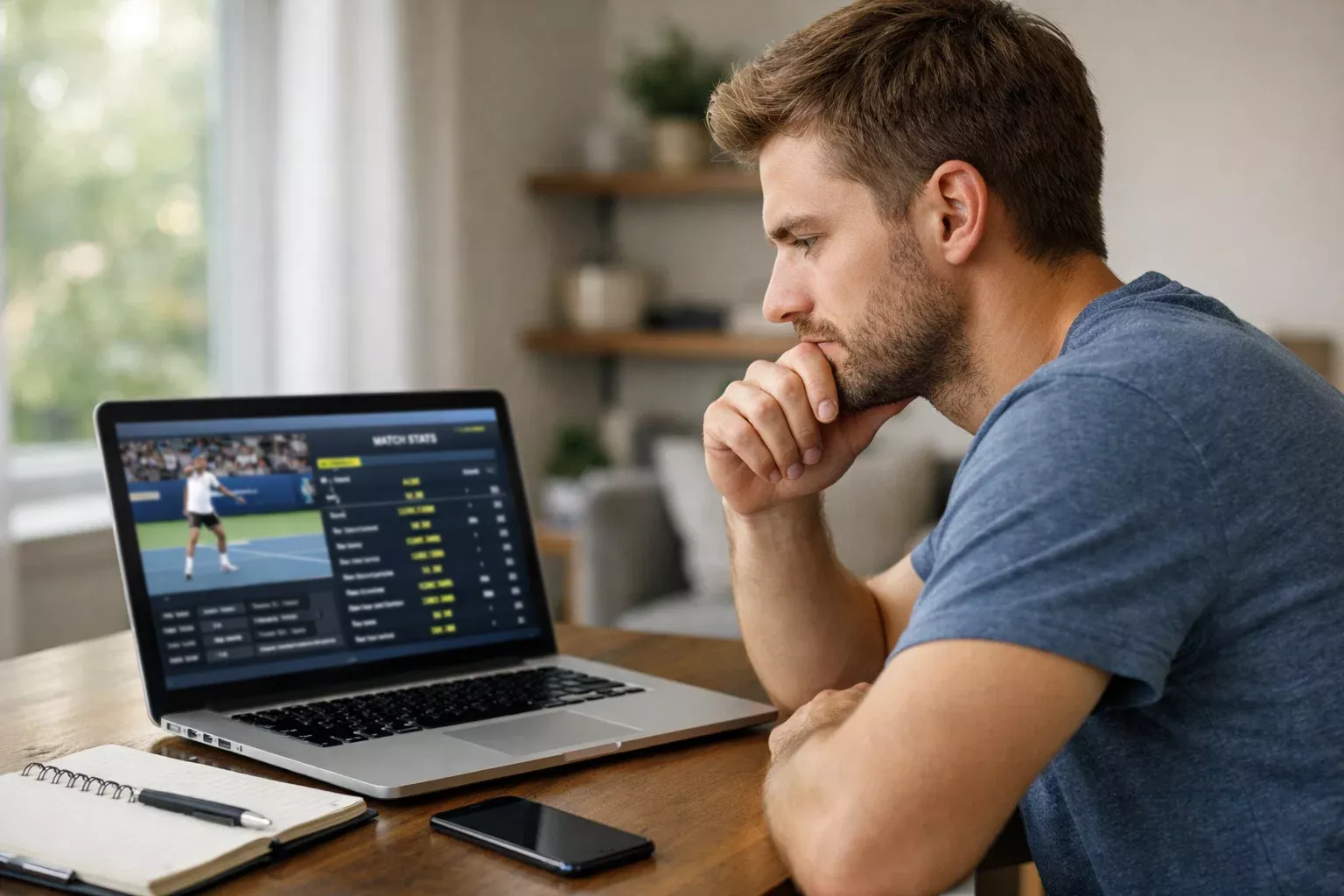 Persona joven estudiando información de tenis en un portátil