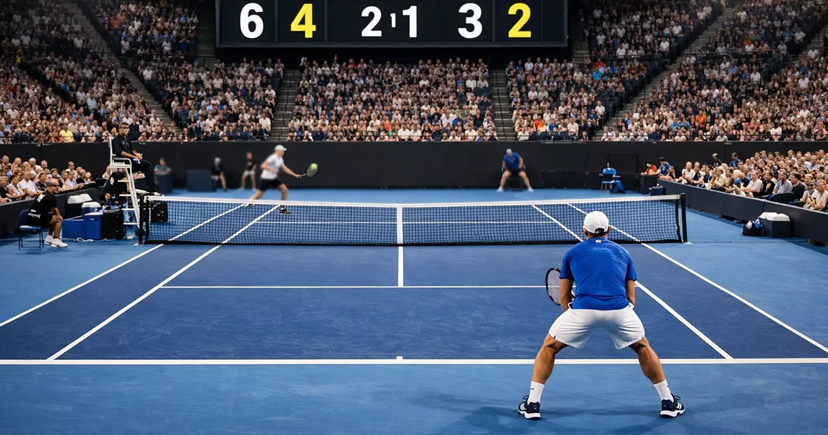 Partido de tenis profesional con marcador electrónico visible