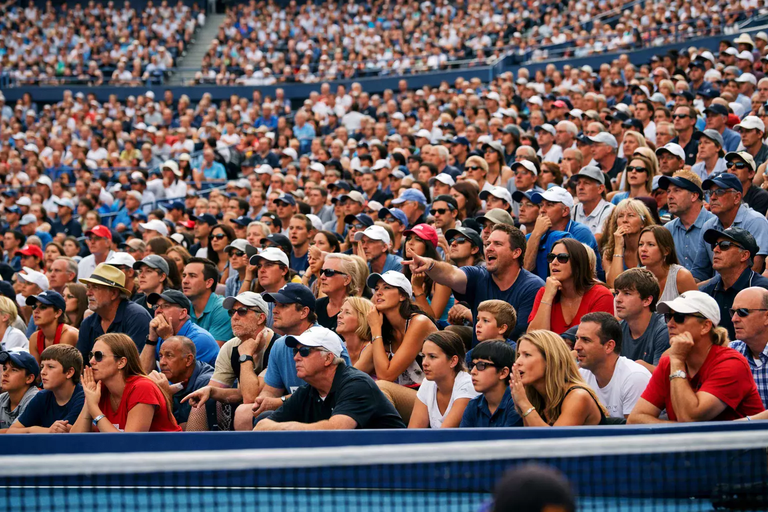 Espectadores siguiendo atentamente un partido de tenis en un estadio