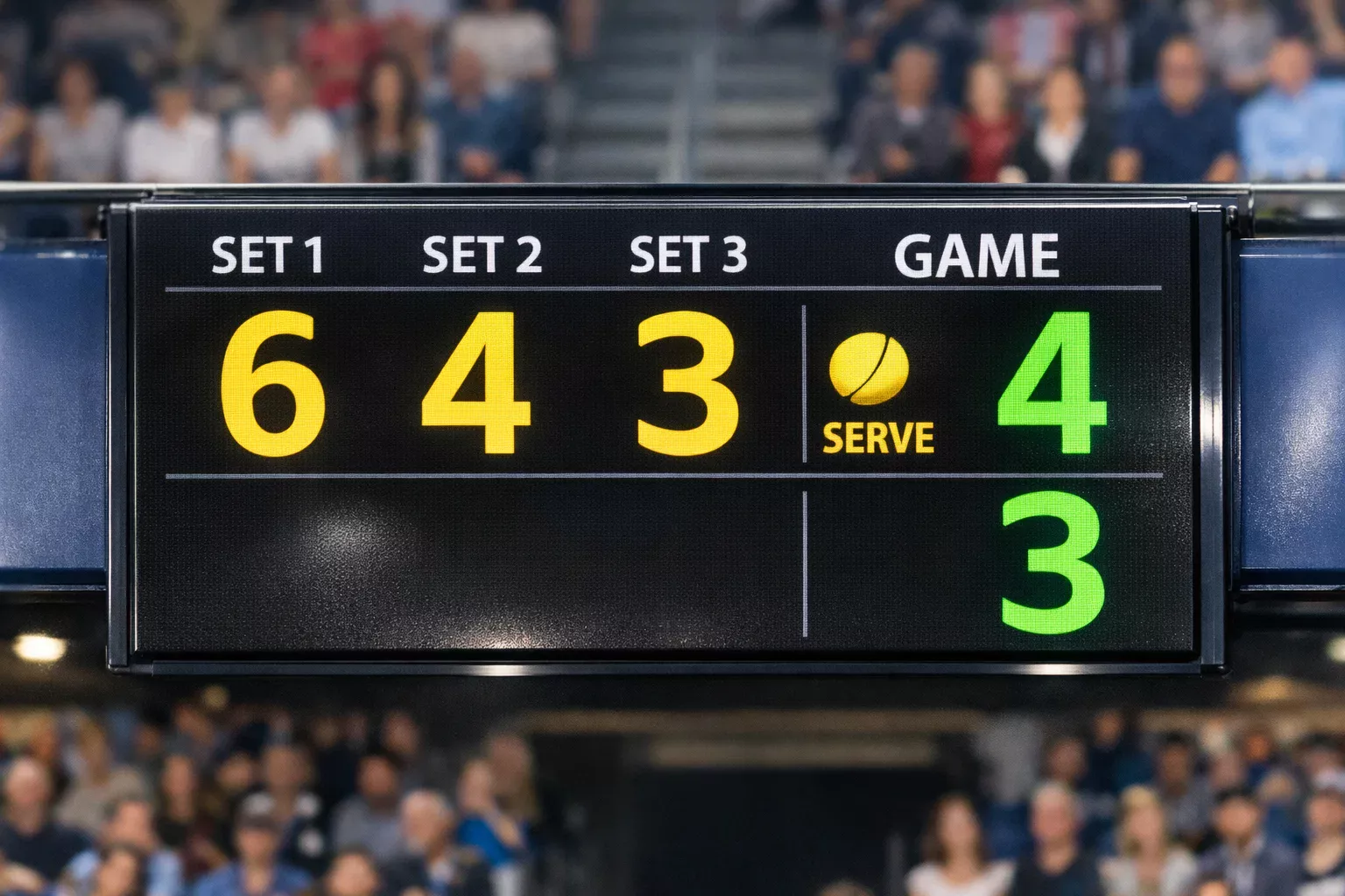 Marcador de tenis mostrando el resultado de sets en un partido