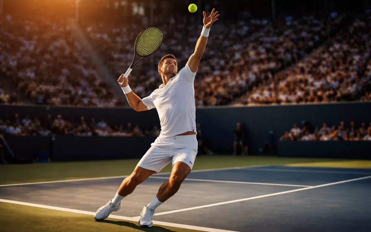 Tenista profesional en pleno servicio durante un partido de Grand Slam