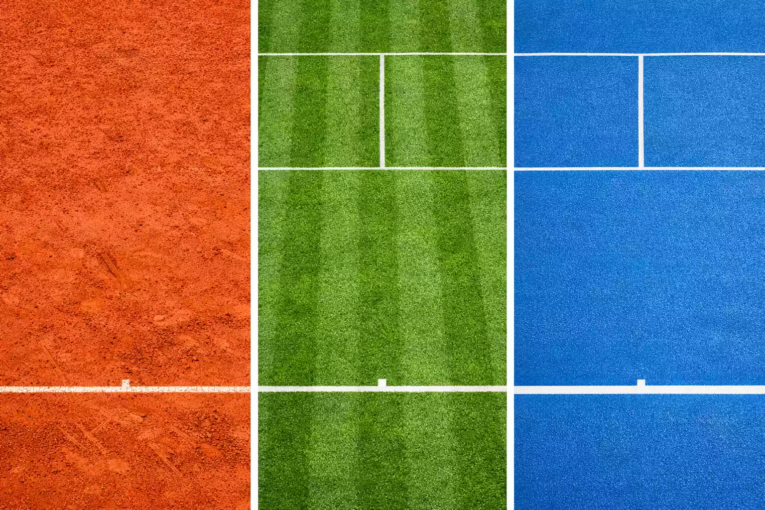 Vista comparativa de tres tipos de pista de tenis: tierra batida, hierba y superficie dura