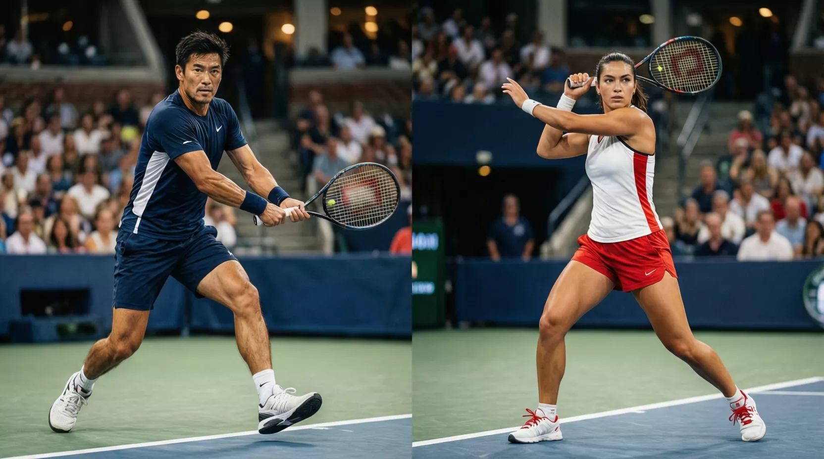 Tenistas masculino y femenino compitiendo en canchas de tenis profesionales