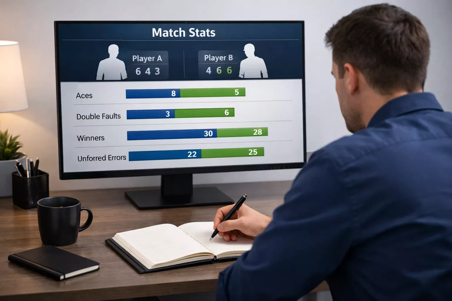Analista deportivo revisando estadísticas de tenis en su escritorio